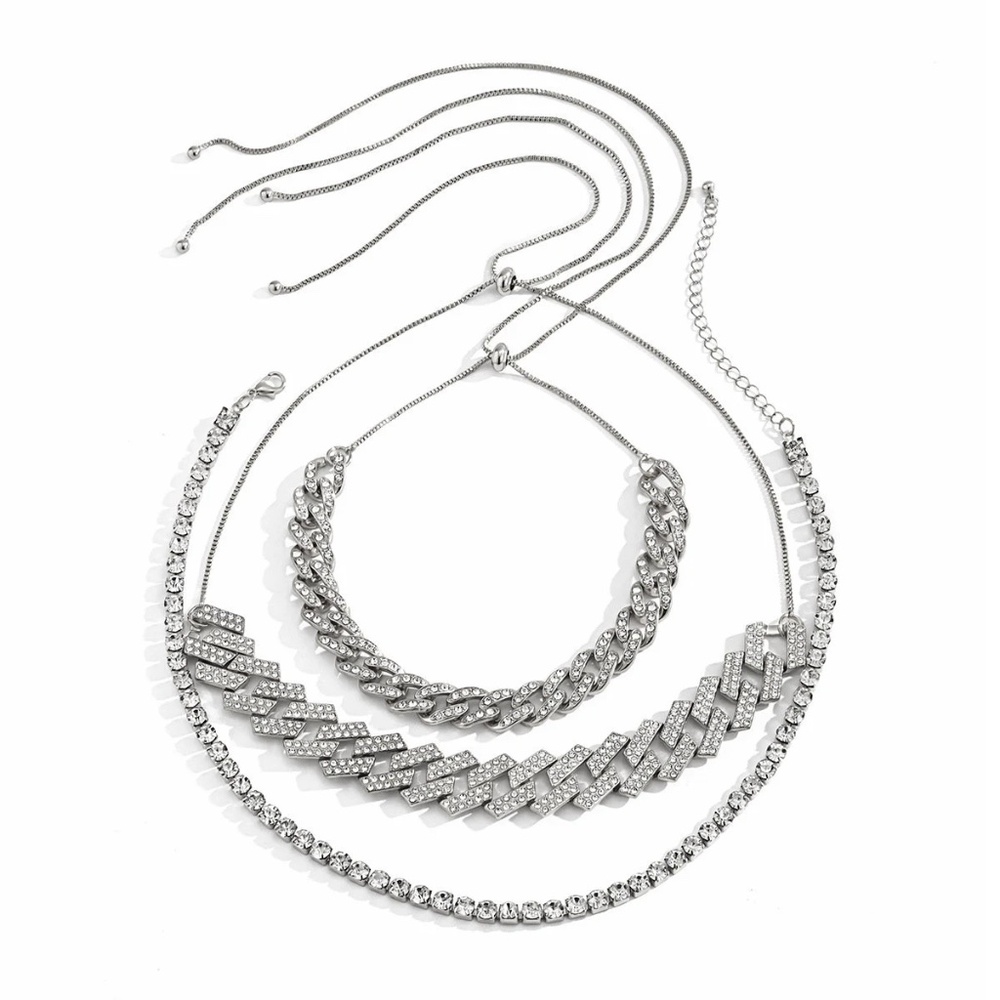 Triple Diamond Layered Necklace Set, Cuban Link Necklace, Tennis Necklace - Picture 8 of 9